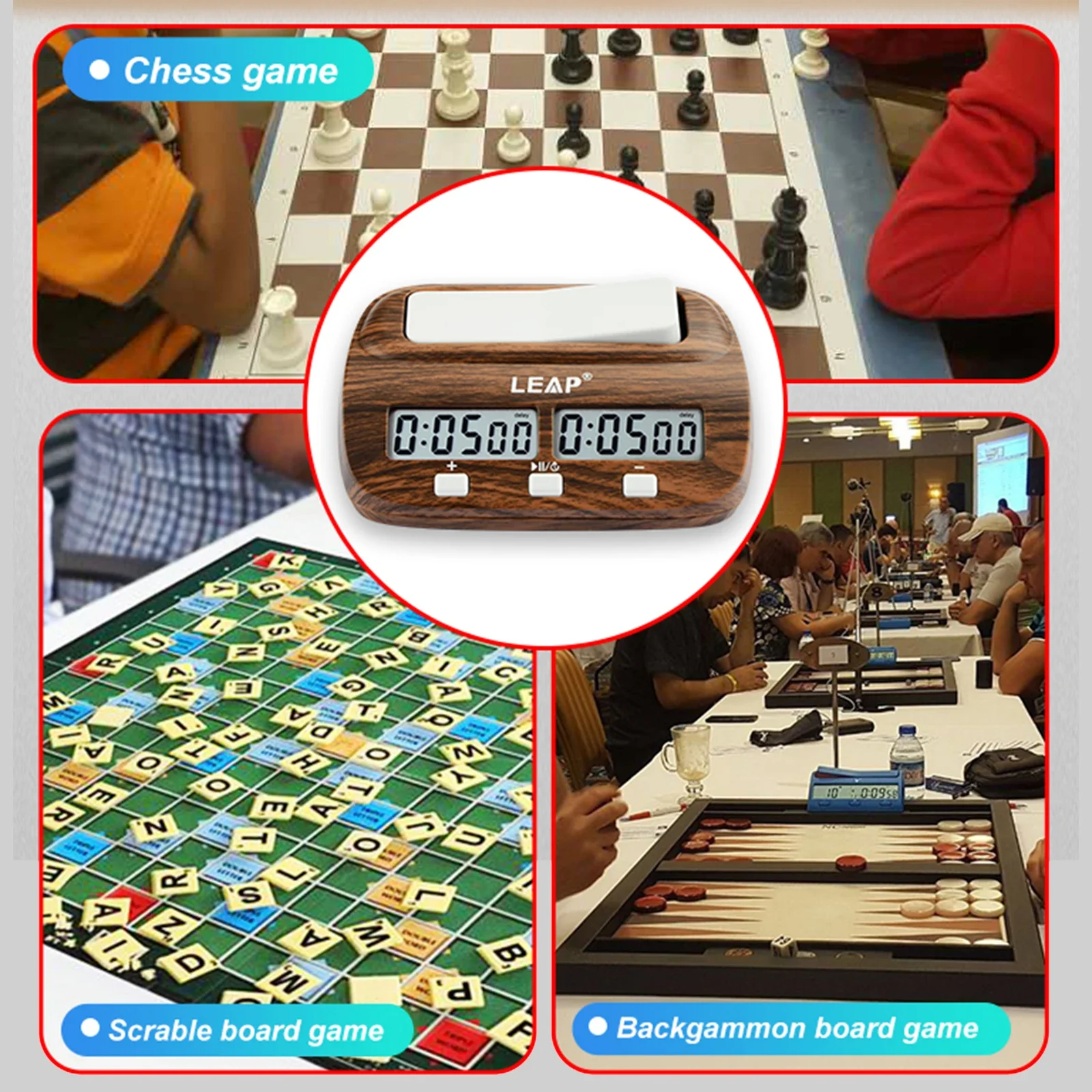 Chess Timer with Delay and Bonus Professional LEAP Chess Clock Digital for Board Games Timer Wood Grain Color Tools