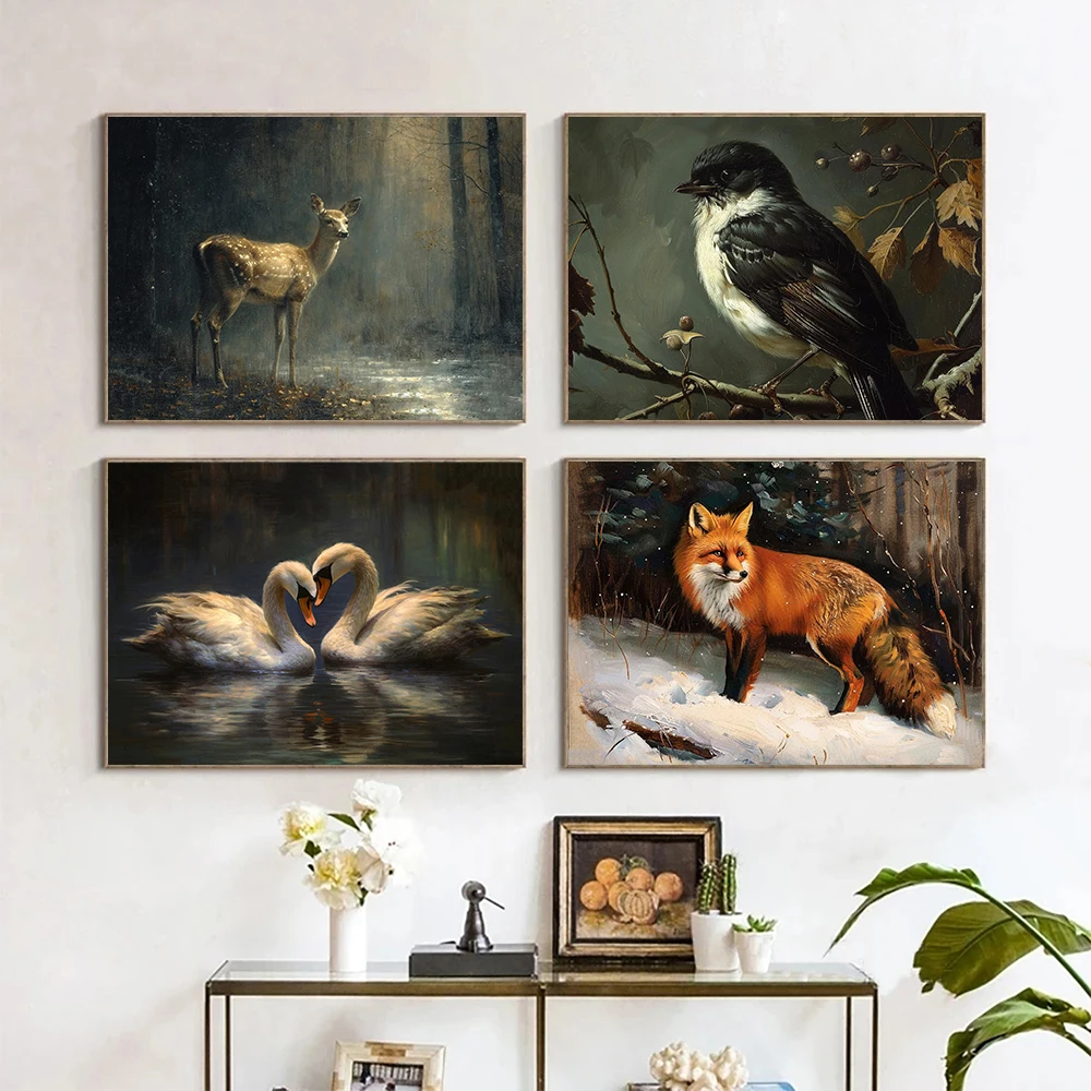 Canvas  Dark Forest Wildlife Fox Lion Black Swan Retro Posters Prints Wall Art Picture Living Room Home Decor Wall Decor