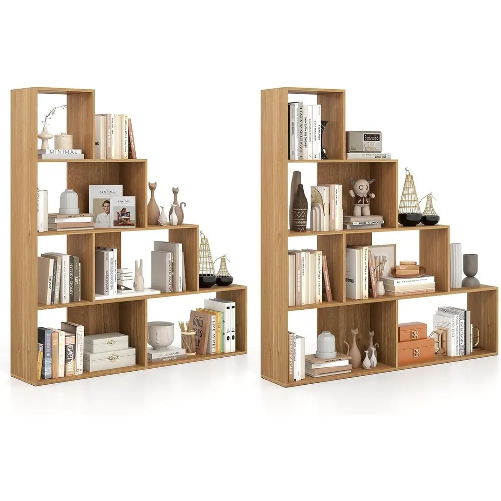 4-Tier Wooden Ladder Bookcase with 6 Cubes, 64 Tall, Anti-Tipping, Natural Finish for Home Office or Living Room