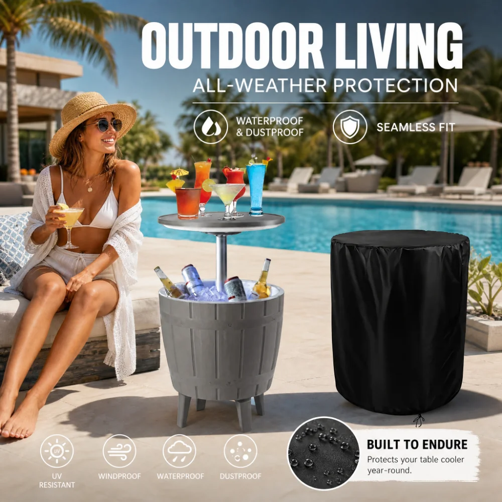 UV Proof Round Outdoor Table Cover Black Heavy Duty Fade Resistant with Adjustable Pull String