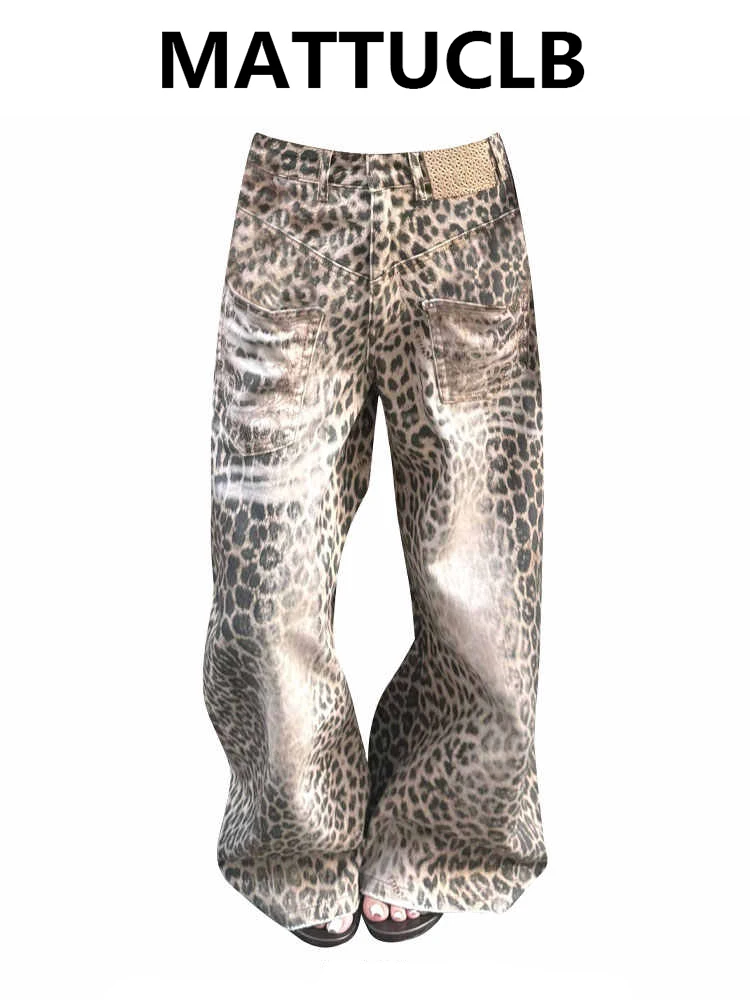 Jeans larghi da donna a vestibilità larga Pantaloni in denim con stampa leopardata Uomo American Retro Bleach High Street Y2K Harajuku giapponese Cowboy Grunge