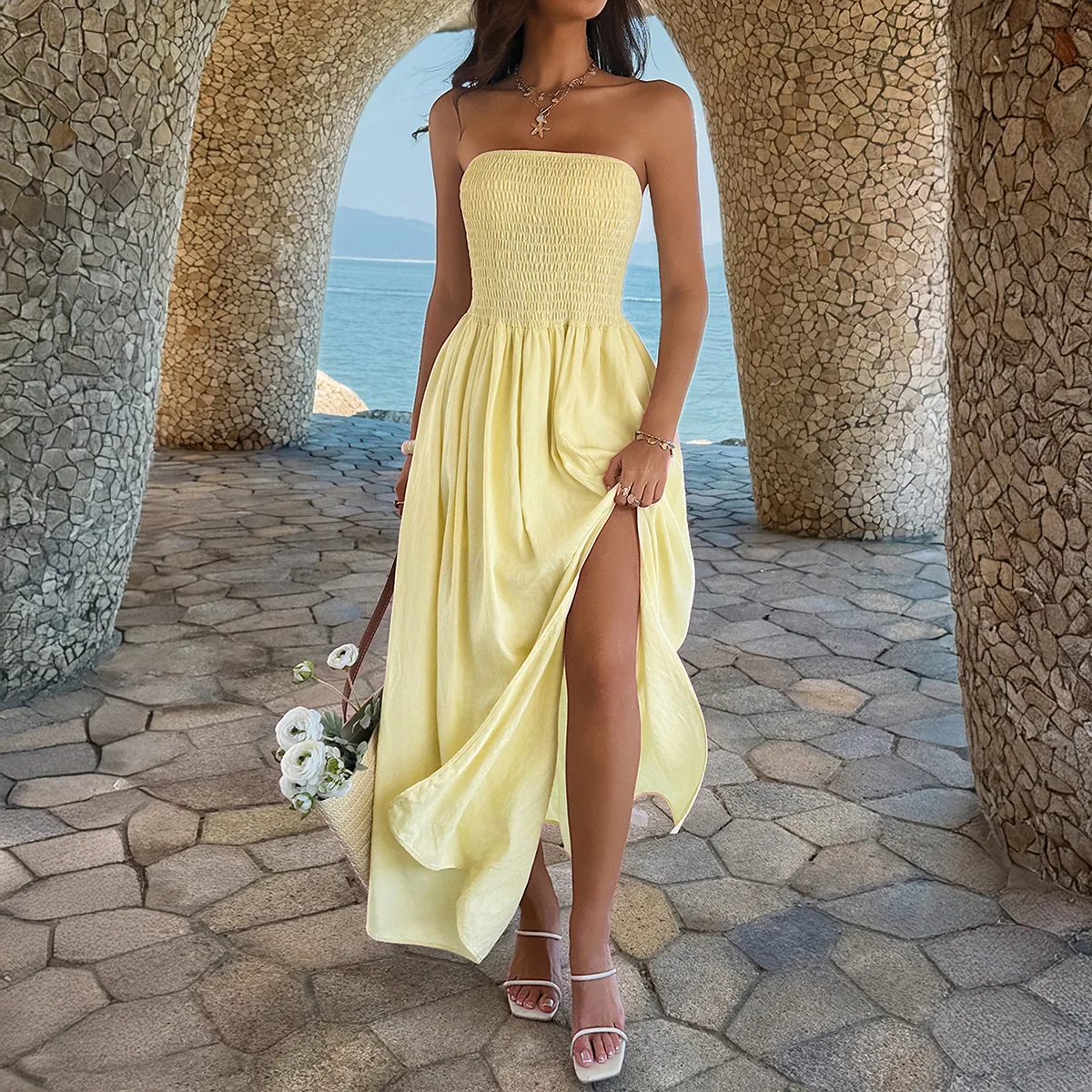 

Летнее женское платье макси без бретелек, сексуальное платье-бандо для пляжного отдыха и вечерних мероприятий