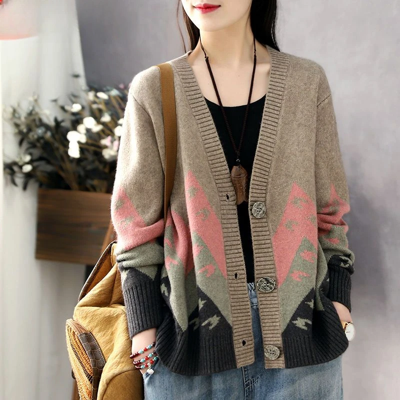 

New Autumn Winter New Thickened Cashmere Wool Cardigan Women Stand Neck Sweater Sweater Loose Knit Base Wool Sweater Jacket V49