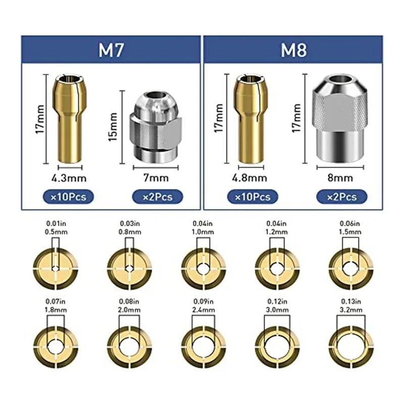 Drill Chuck Collet Set, 28 Pcs Chuck Collet Kit(1/32 - 1/8Inch)Replacement 4486 Drill Keyless Bit 4485 Brass Collet Set