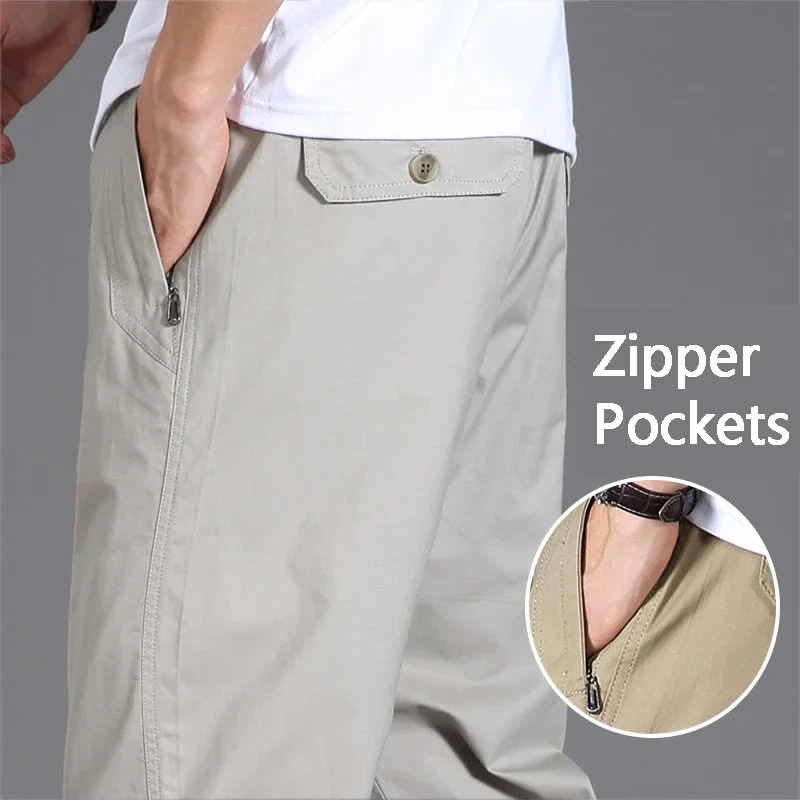 Pantalones informales con bolsillos y cremallera para hombre, Pantalón de algodón de alta calidad, cintura elástica, utilitario deportivo para el