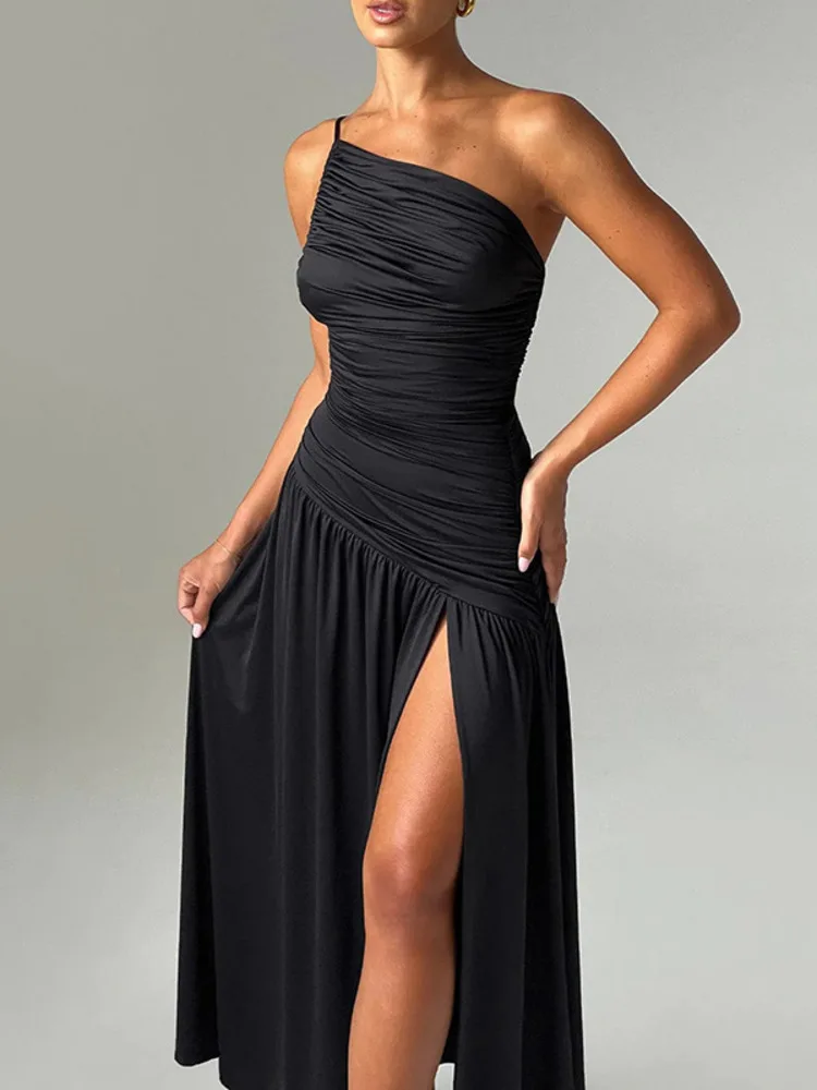 NEW Sleeveless High Split Maxi Dress for Women Fashion Single Shoulder Strap Off-shoulder Backless Bodycon Sexy Long Dress