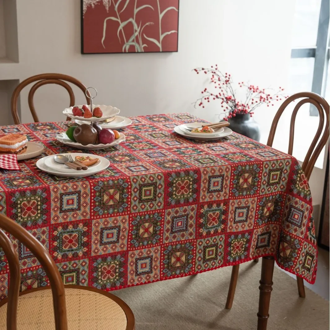 Boho Patterned Tablecloth Red Festive Embroidered Contrasting Square Geometric Tablecloths Rectangular Decoration Table Cloths