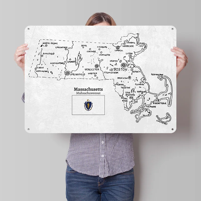 Hand Drawn Map of Massachusetts 3D Texture Metal Poster Customized Wall Art Tin Sign Gift for Mancave Room Decorations Man Cave