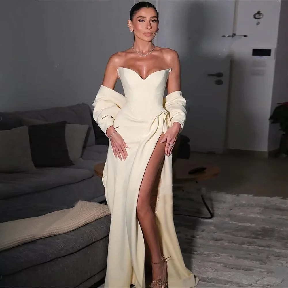 

Customized Exquisite Sleeveless Mermaid Evening Dress Charming Ruched Prom Dress Sexy V-neck High Split Party Gown فساتين سهرة