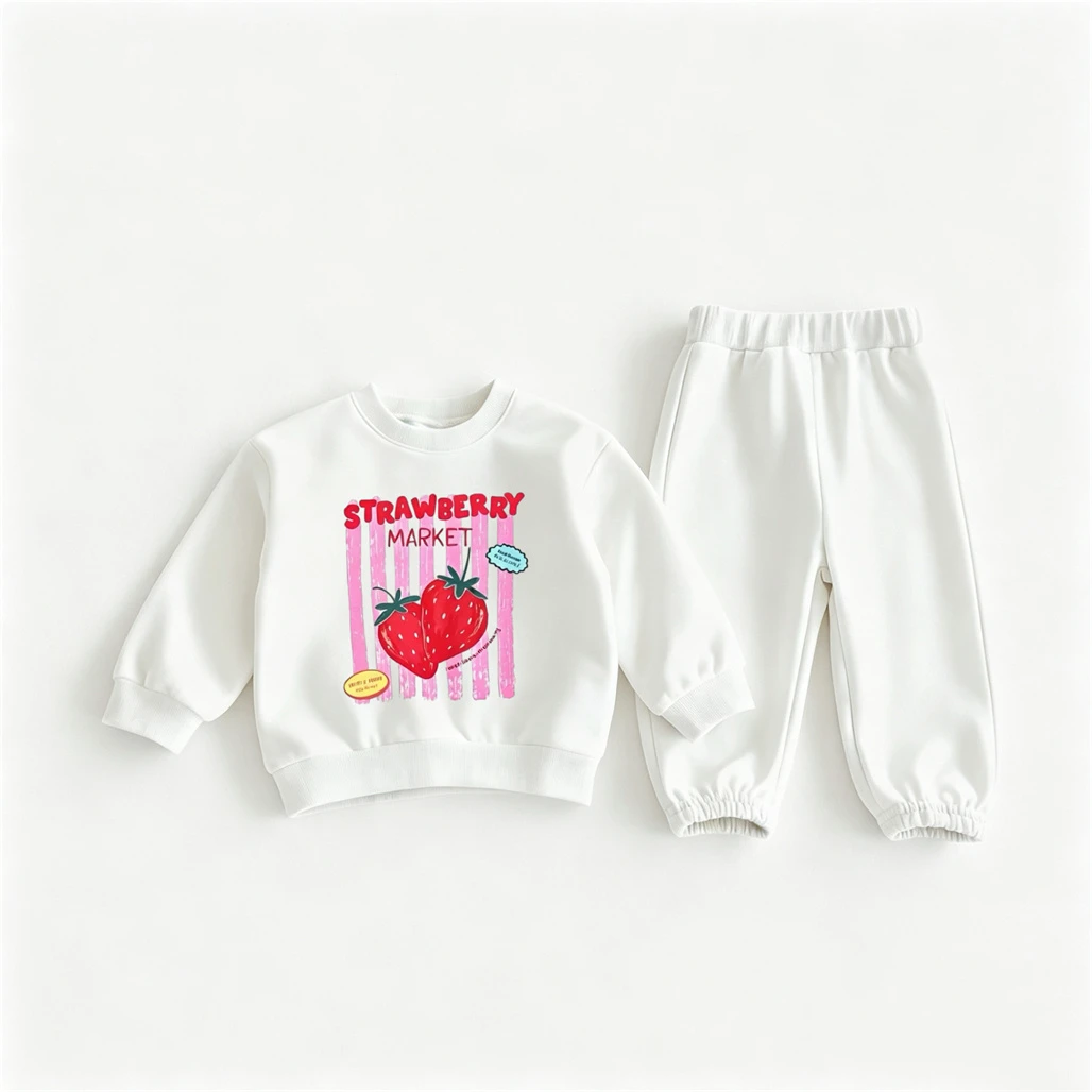 Sweatshirts mit Fruchtprint + Hosen, zweiteiliges Set, Kirsch-Erdbeer-Tops, weiße, gelbe Jogginghose, Herbstkostüm, Kinder-Outfits – Detail 3