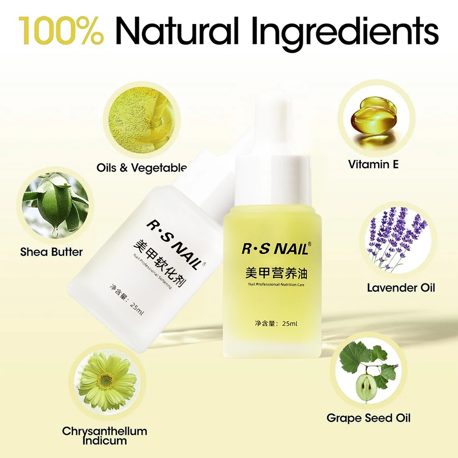 RS NAIL 25ml Rimozione cuticole e riparazione olio per cuticole Kit per la cura delle unghie Olio nutriente per cuticole per unghie Nutre e strumento per manicure danneggiato