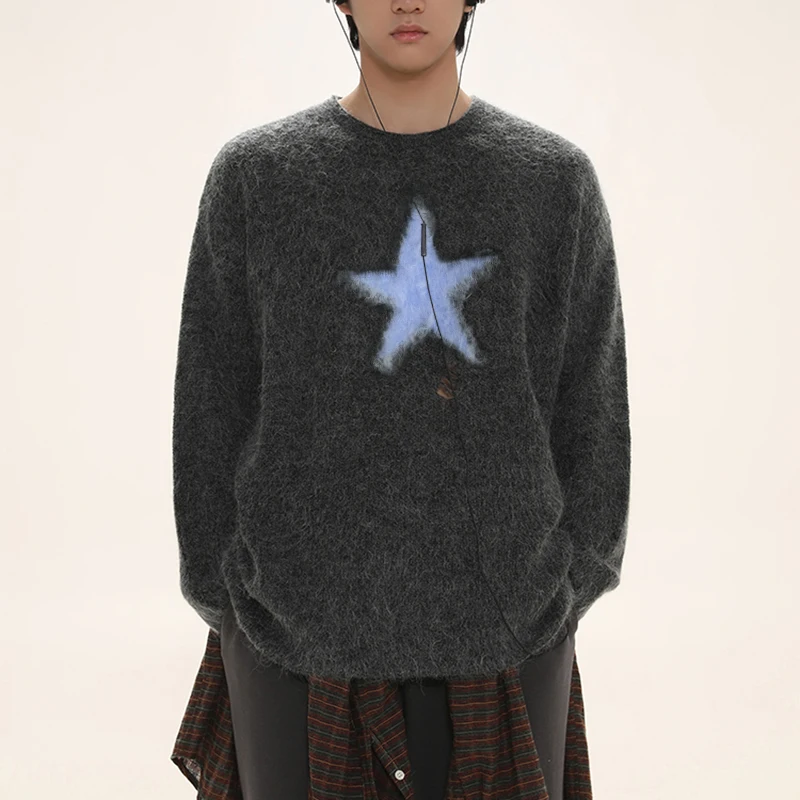 Y2k Clothes Men Oversized Star Sweater Black Loose Grey Women Vintage Retro Knitted Sweater 2022 Autumn Cotton Pullover Unisex