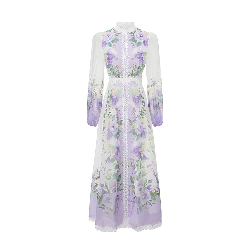 

French Retro Hollow Lace Patchwork Printed Chiffon Dress Women's Floral Lantern Sleeve Long Party Robe Female Elegant Vestidos