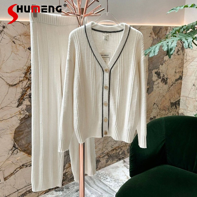 

Japanese Style Autumn Winter White Pajamas for Women Plush Knitted Homewear Suits Female Warm Long Sleeve Long Pants Set