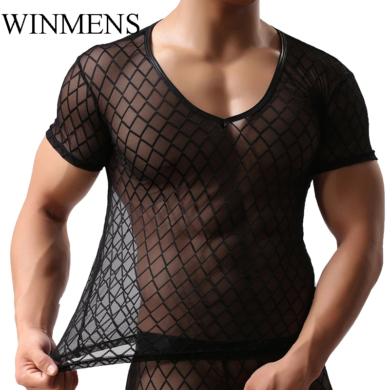 Adult Men\'s Undershirts Diamond Mesh Breathable Black See Inner O-neck Short Sleeves Sheer Fishnet Fitness Dance Performance