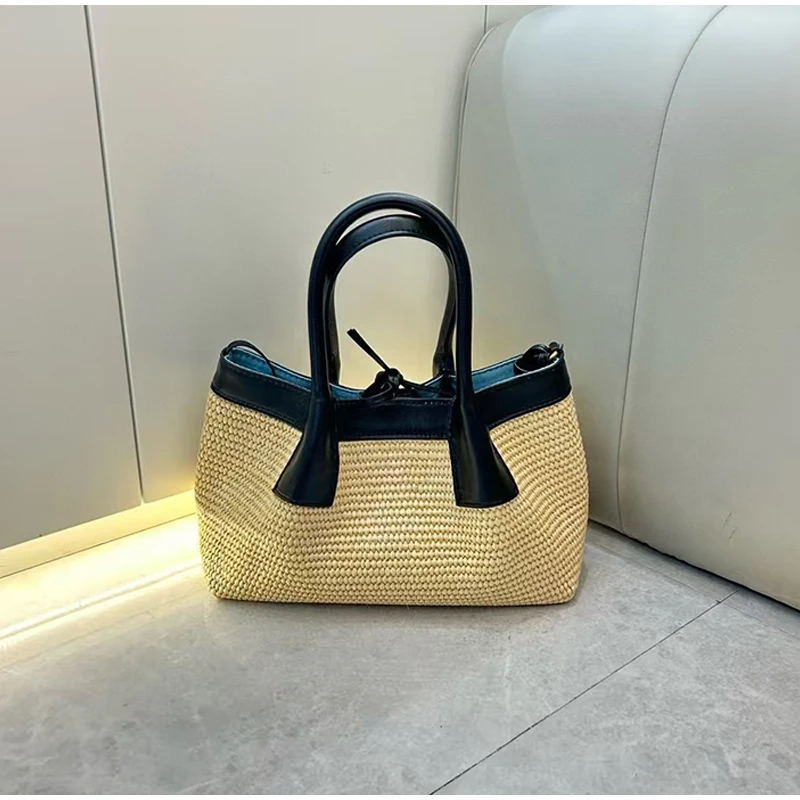 

Genuine Leather Stitching Woven Handbag Fashion Raffia Straw Woven Bag Highend Leather Crossbody Bag Versatile Casual Bag Women