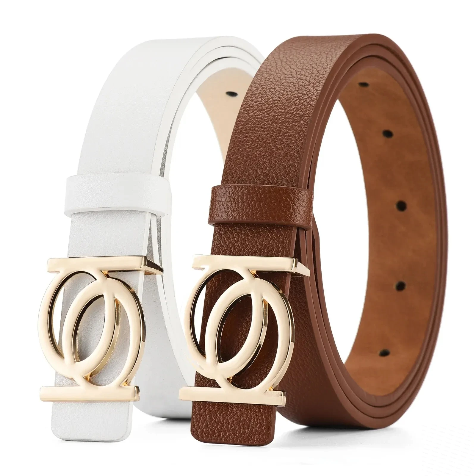 New Women's Belt Fashion Golden Buckle Belt Leisure Personalized Double Round Button PU Leather Belt Paired with Jeans Lady Belt image 5