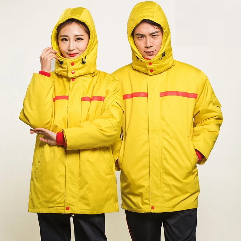 Winter Work Clothes Hi Vis Cotton Padded Thermal Hooded Jacket Trousers Warm Anti Static Gas Station Working Uniform Coveralls