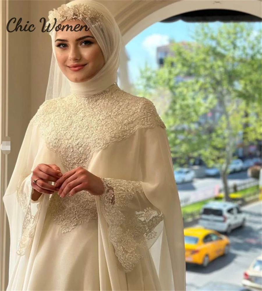 Luxury Islamic Muslim Wedding Dress With Caped Elegant Long Sleeve Lace Boho Turkey Moroccan Bridal Gown Arabic Bride Customized