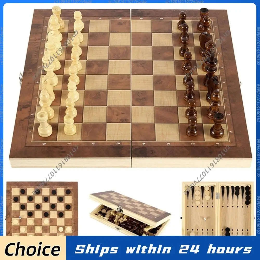 

3 in 1 Exquisite Chess Set Folding Storage Wooden Chess and Checkers Game Set Travel Chess Sets for Chess Board Game