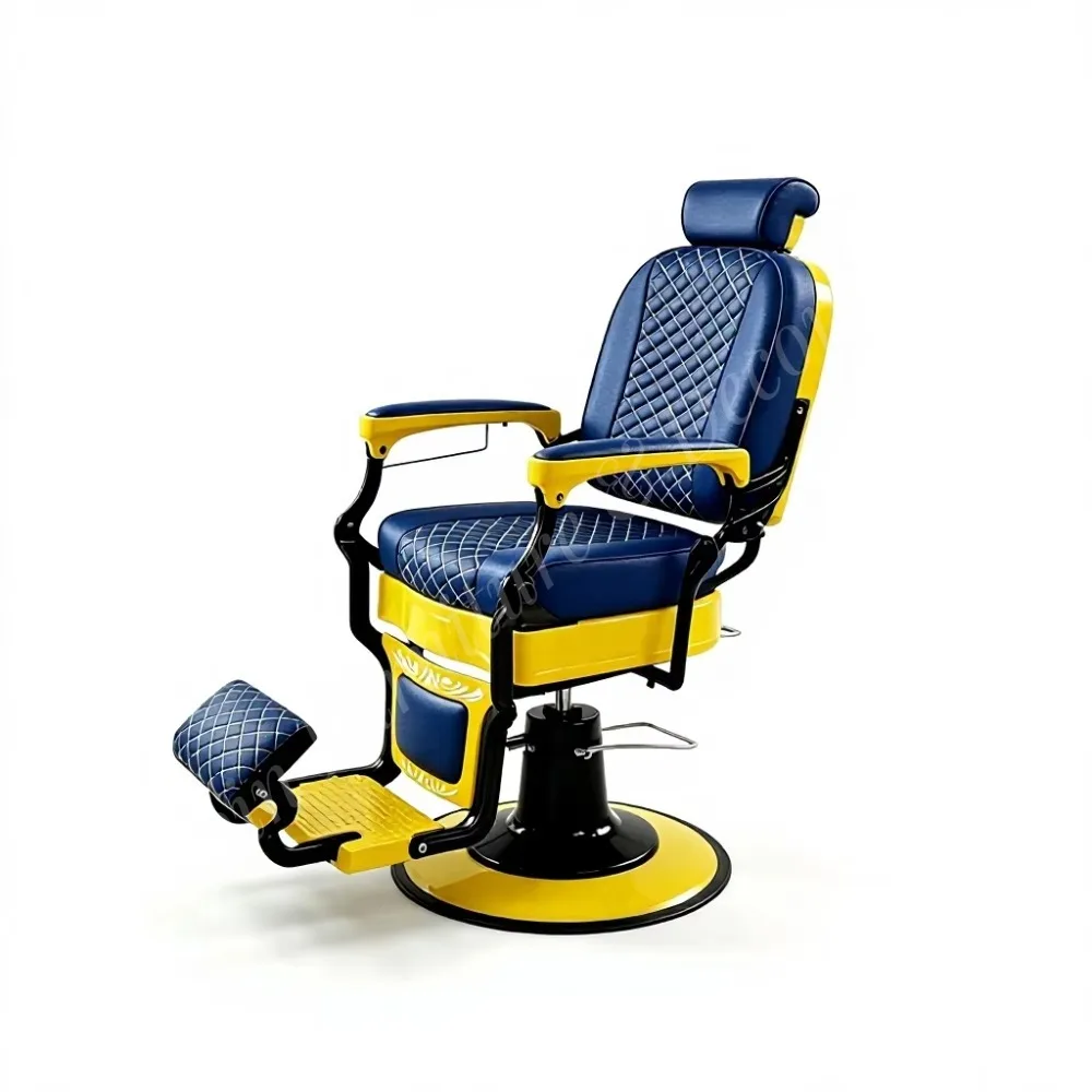 Vintage Blue Yellow Hydraulic Barber Chair, 360° Swivel Reclining Quilted PU Leather Salon Chair for Men Haircut