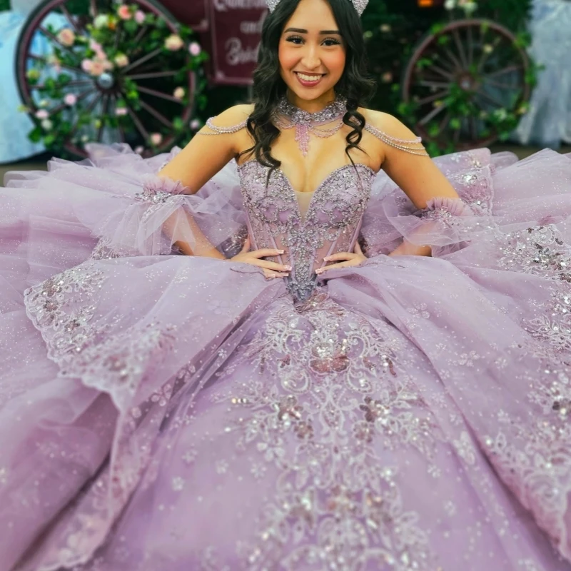 

Lilac Shiny Ball Gown Quinceanera Dresses Applique Lace Beading Crystal Bow Tull Corset Off The Shoulder Sweet 16 Dress vestidos