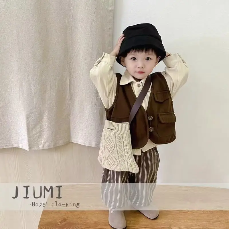 

Korean Children's Clothes Set 1-5Y Boys' Spring Autumn Vest Long Sleeves Shirt Striped Ankle-length Pants Versatile 3pcs Set