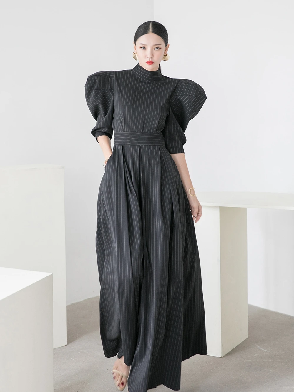 

Slim Fit Striped Bubble Sve Jumpsuit High Waist Wide Leg Pants Women's Faion Spring Outfit Comfortable Lengthened Trousers