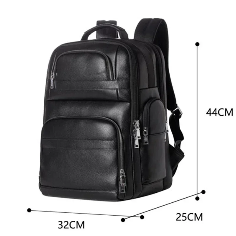 Mochila de carregamento USB de couro genuíno, mochila portátil preta impermeável, mochila estudantil, mochila de viagem grande, homens e mulheres,