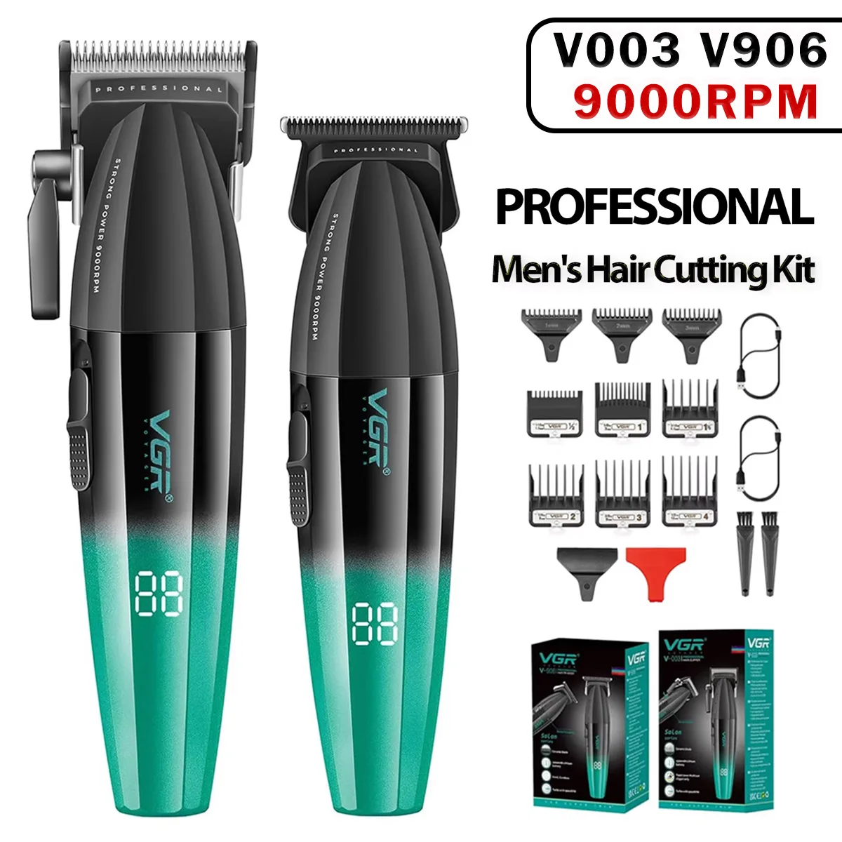 VGR 003 906 Professional Fade Hair Clipper Cordless Clippers Trimmers for Men Set USB Charge Men's LED Display Hair Cutting Kit