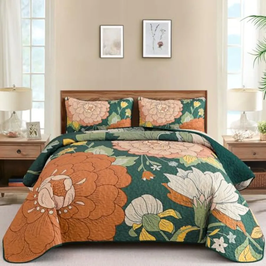 

3 Pcs Quilt Set Size - Boho Flower Bedspread Coverlet Set Soft Microfiber Farmhouse Bohemian Bedding Set Botanical Quilt for Al