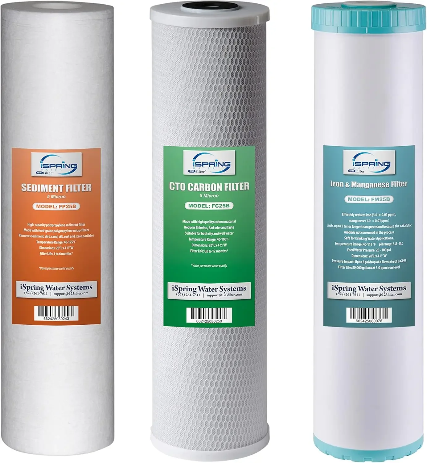 F3WGB32BM 4.5” x 20” 3-Stage Whole House Water Filter Set Replacement Pack with Sediment, CTO Carbon Block, and Iron & Manganese