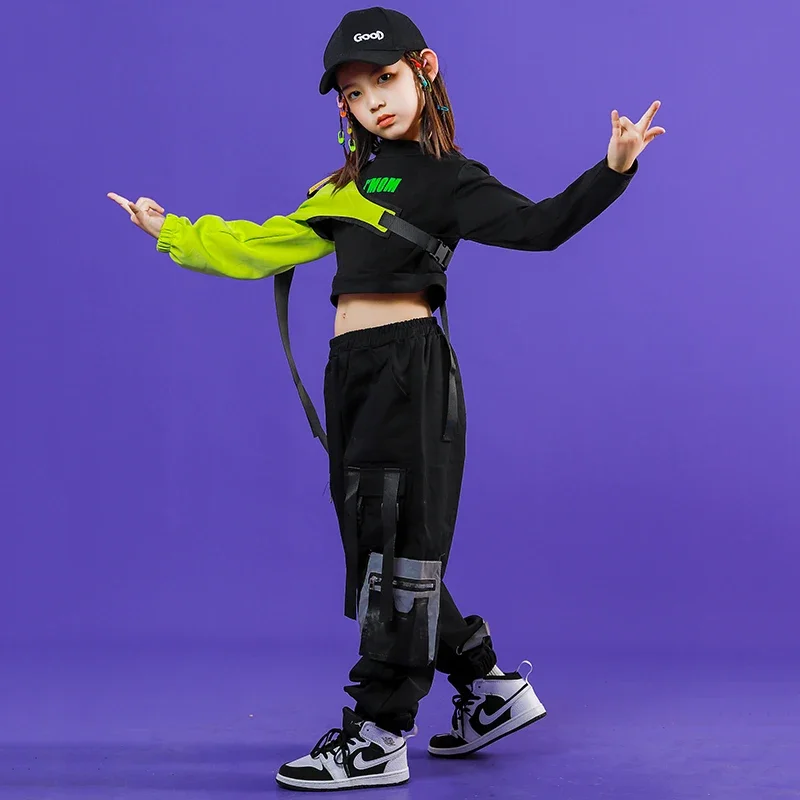 Casual Pants Jazz Stage Clothes Kids Ballroom Dancewear Hip Hop Clothing Green Sleeves Tops Street Dance Costume Girls