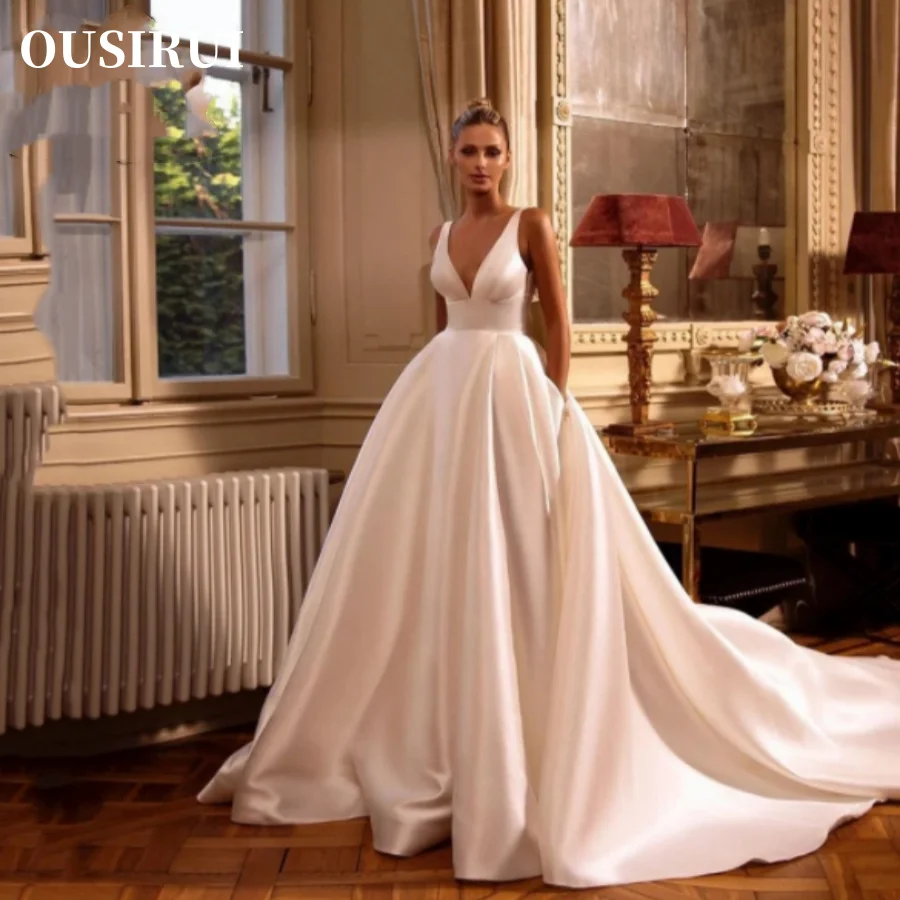 OUSIRbiomV-Robe de mariée en satin dos nu avec poches pour femmes, robes de mariage sexy pour femmes, robe de patient élégante et simple, quelle que soit la ligne A