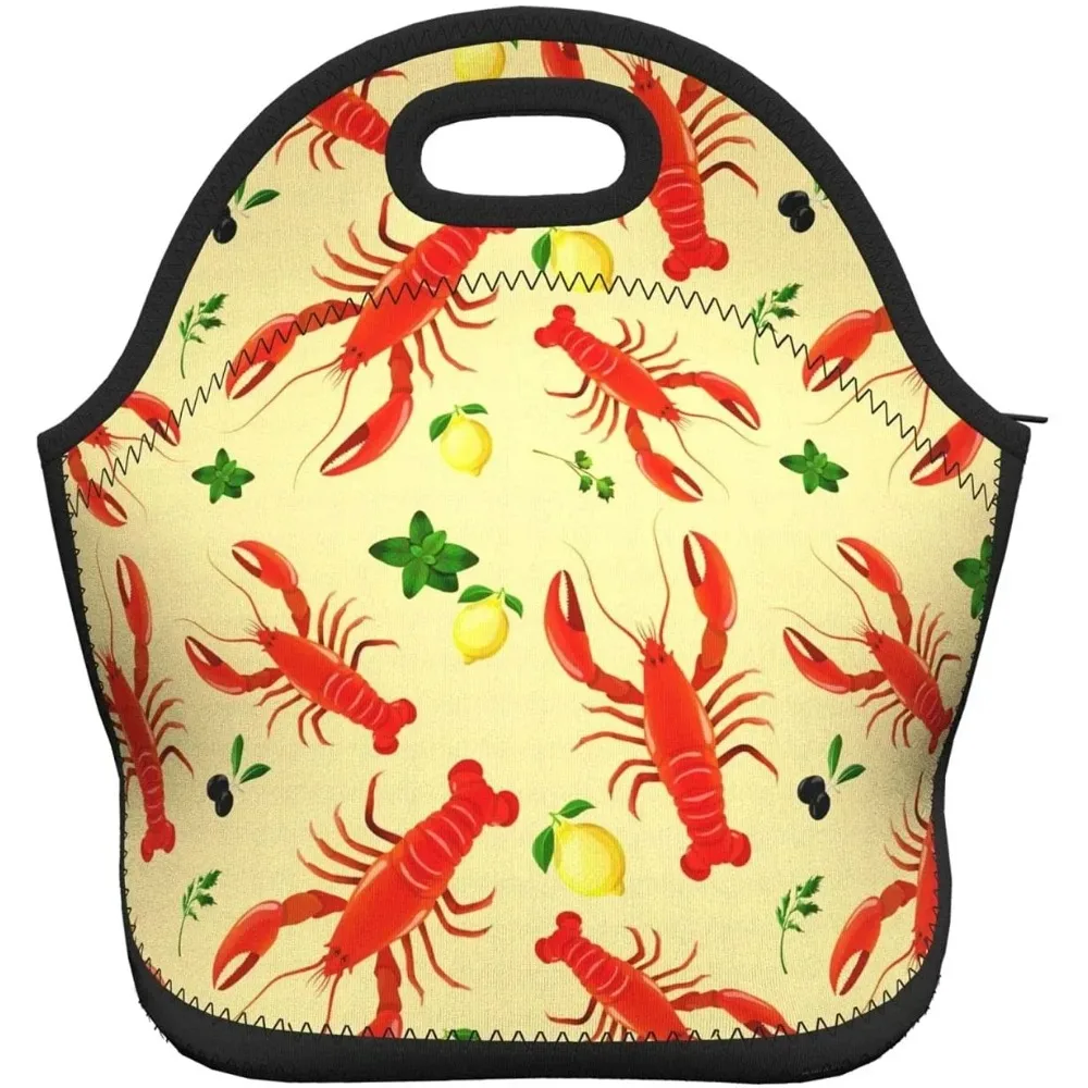 Red Lobster Lemon Seamless Pattern Neoprene Lunch Bag Boxs,Durable Thermal Tote Bag Organizer Cooler Bento Bags