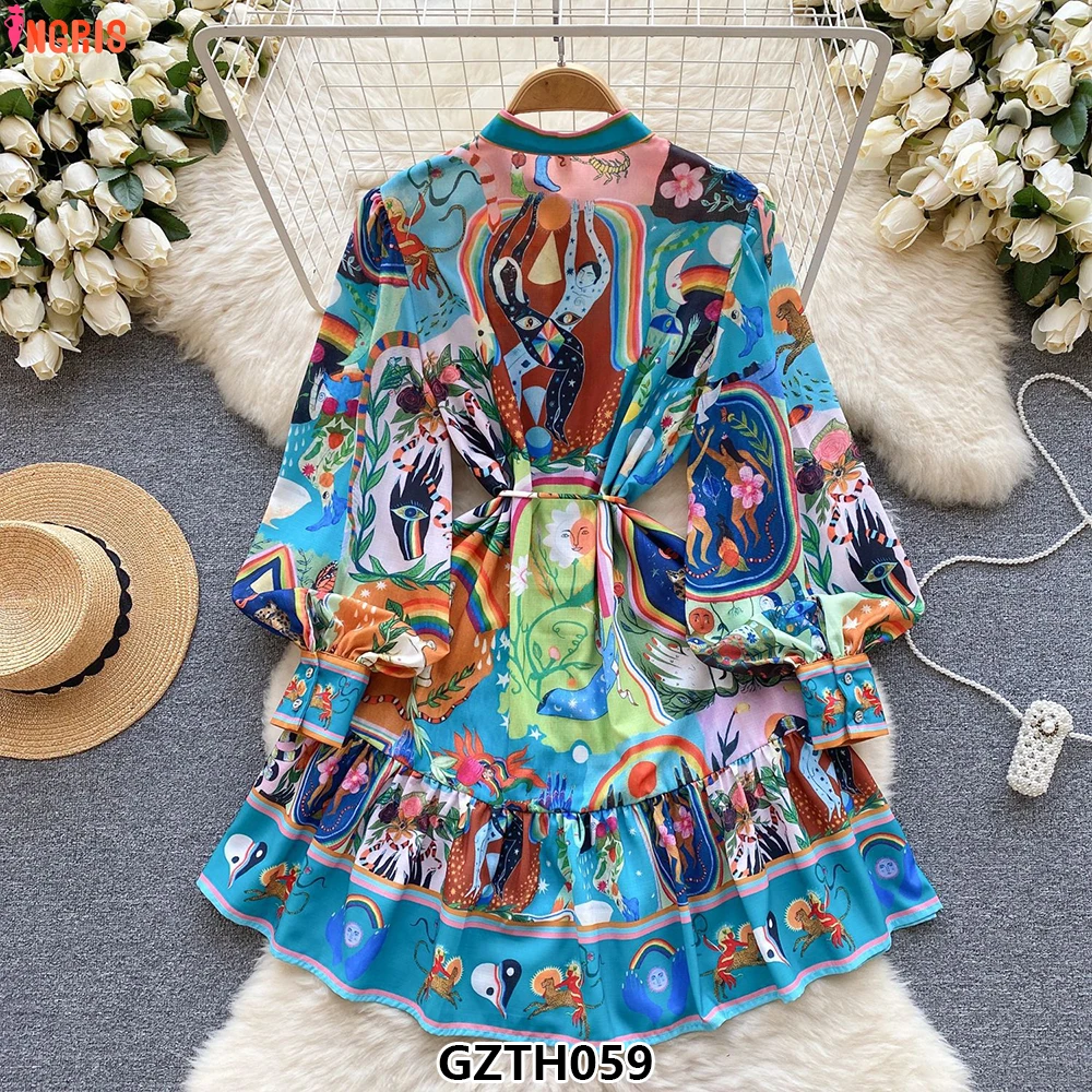 

2025 Spring European and American new printed round neck belt pleated ruffle retro dress-GZTH059