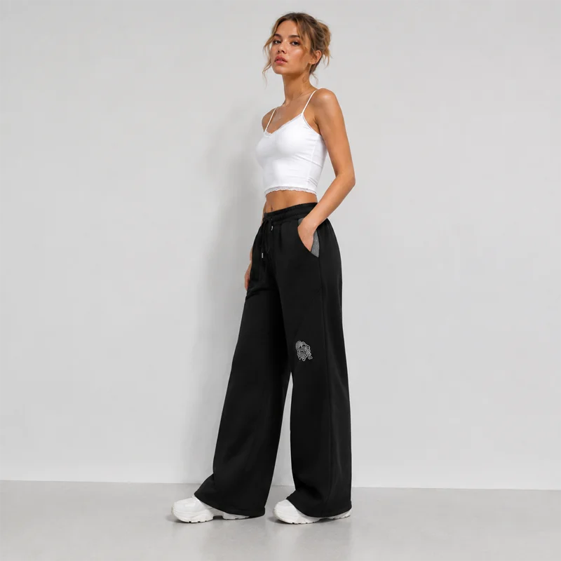 Women's Sweatpants Wide Leg Pants Drawstring Elastic Waist Contrast Pocket Embroidered Logo Loose Fit Casual Streetwear Trousers