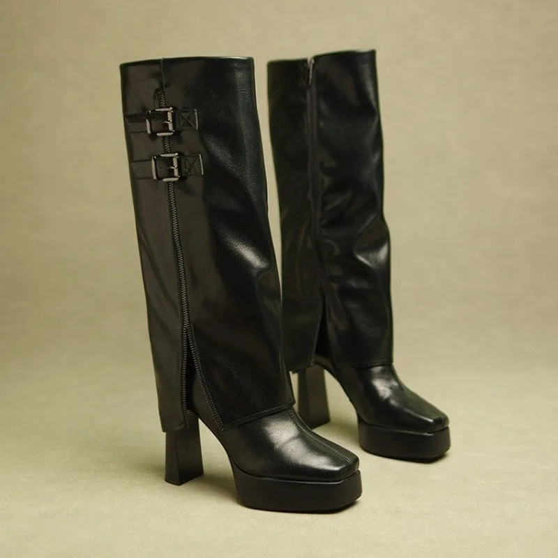 

Knee High Boots Women Sexy High Heels Shoes Platform Chunky Leather Shoes Fashion Winter New Knight's Boots 2025 Woman Pumps