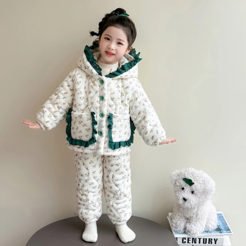 

Girls 3-Layer Quilted Pajama Set, Plush Flannel Loungewear for Toddlers & Kids Winter Sleepwear