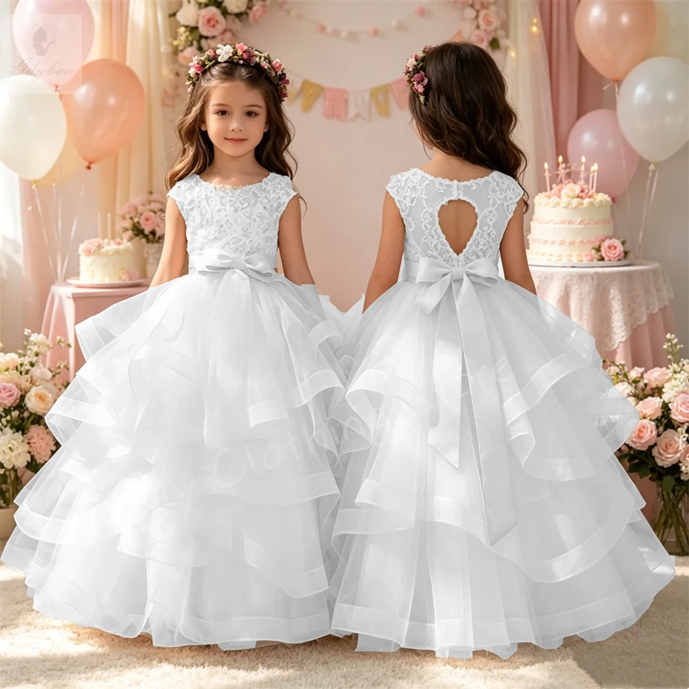Flower Girl Dress for Wedding Lace Decals Layered Ruffle Beauty Pageant First Communion Celebrity Events Kids Birthday Dress