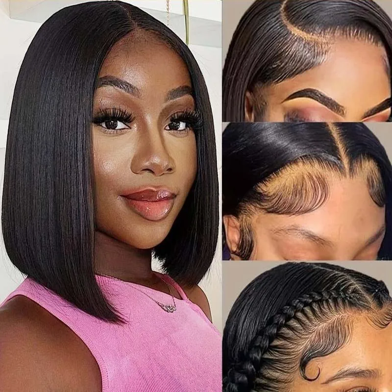 10 12 بوصة 4x4 HD شفافة العظام مستقيم الدانتيل الجبهة الباروكات 220 الكثافة الطبيعية HD الدانتيل البرازيلي خصلات الشعر المستعار الإنسان للنساء