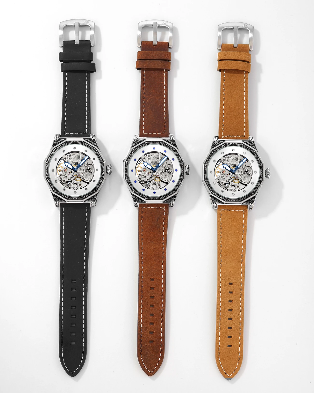 Shenhua novo luxo couro genuíno esportes relógio de pulso retro escultura relógio mecânico automático do homem à prova dwaterproof água esqueleto