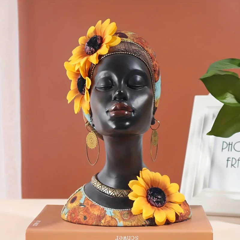 An African tribal style resin decoration, retro black female statue wearing sunflowers, suitable for living room, entry