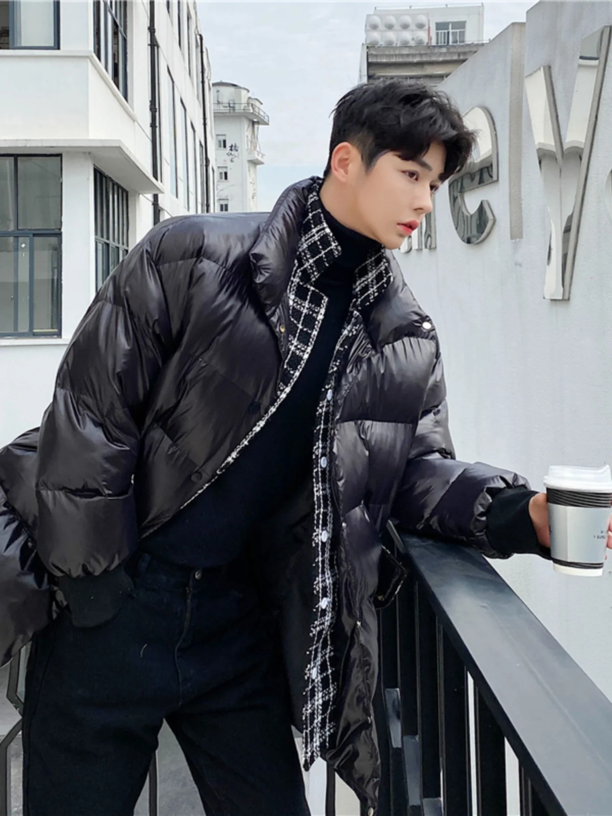 

Men's Thiened Woolen Plaid Splicing down Jaet Autumn Winter Outerwear Casual Sle Warmth Faionable Youth Sle