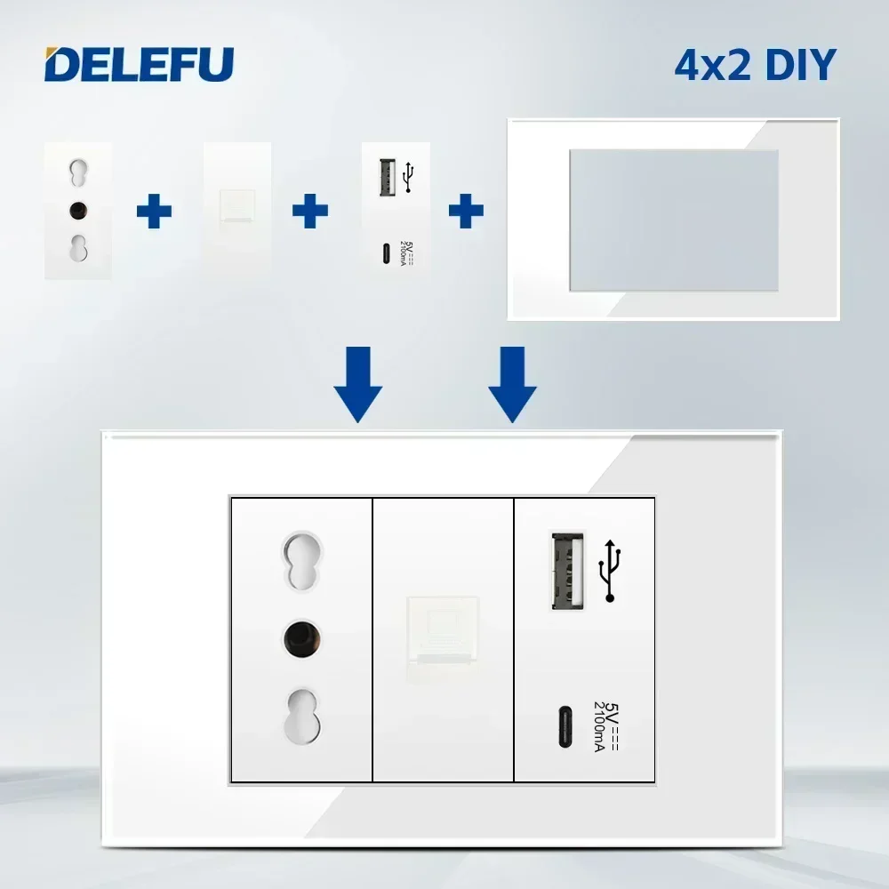 DELEFU Italian EU, Multi-functional Free Combination Computer USB Type C Wall Socket DIY White