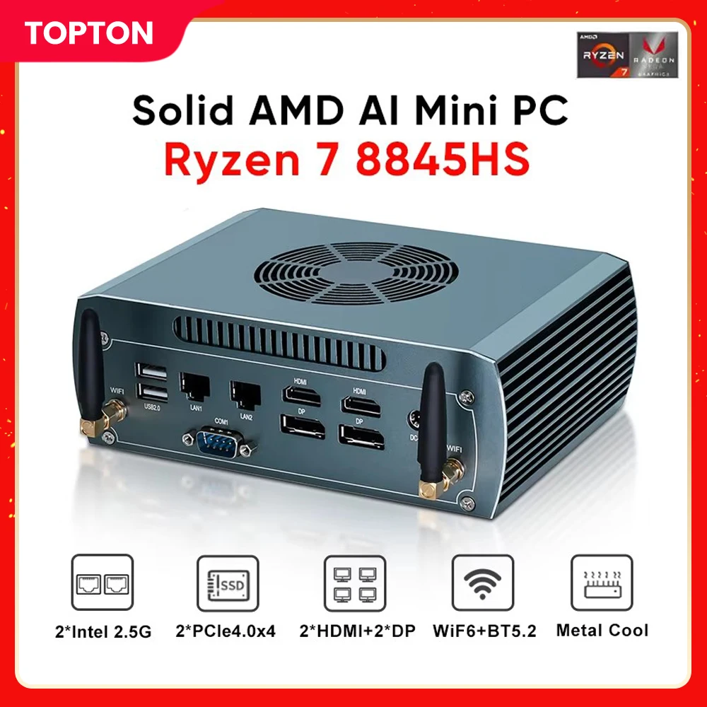 Topton Solid FU03 AI Mini PC AMD Ryzen 7 8845HS 2*Intel 2.5G 2*DDR5 2*NVME Firewall Router Gaming Computer Windows 11 4x8K WiFi6