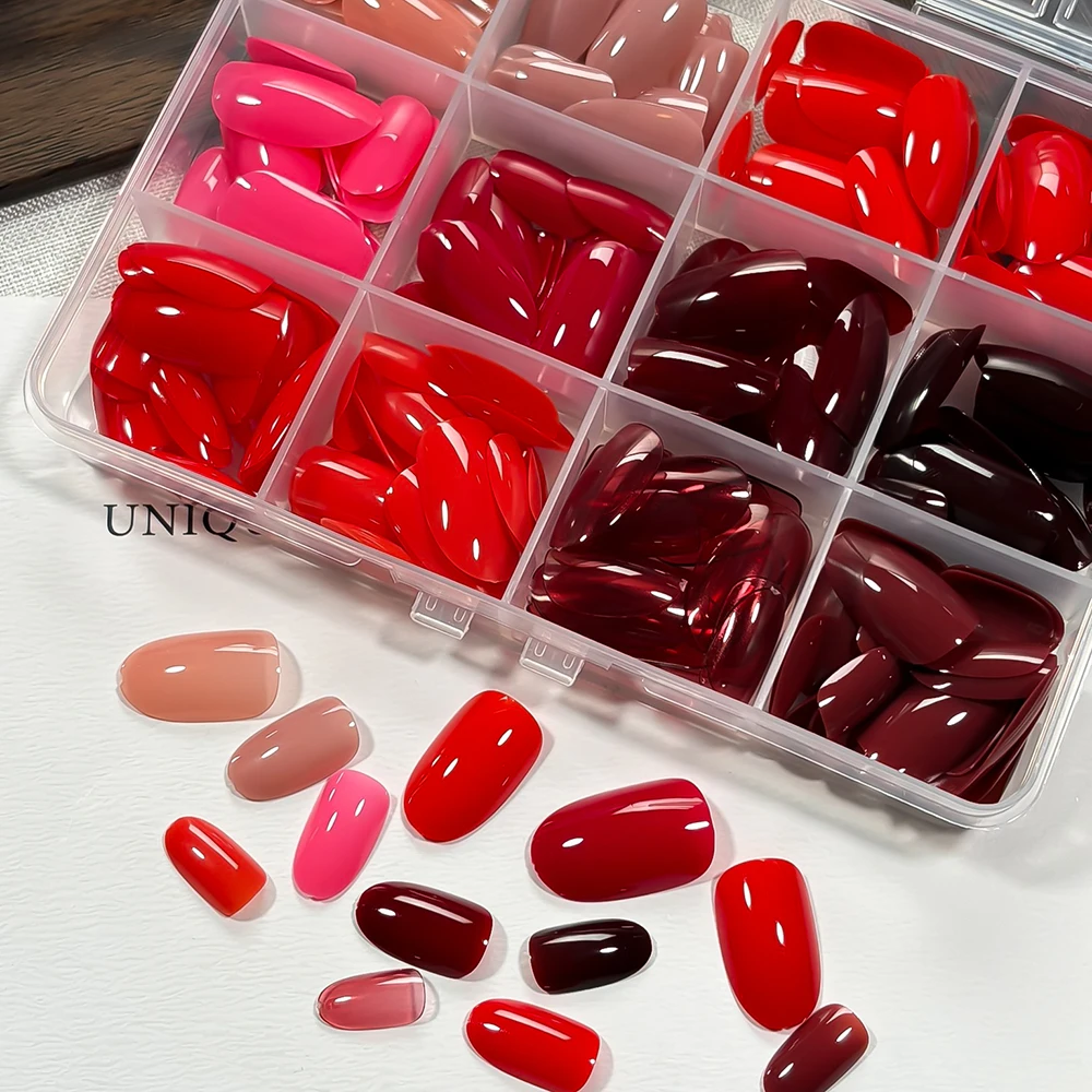 288pcs/box Nude Red Pink Wine Press On Nails Short Oval Full Cover Glossy Fake Nail Tips Multi Solid Color Artificial False Nail