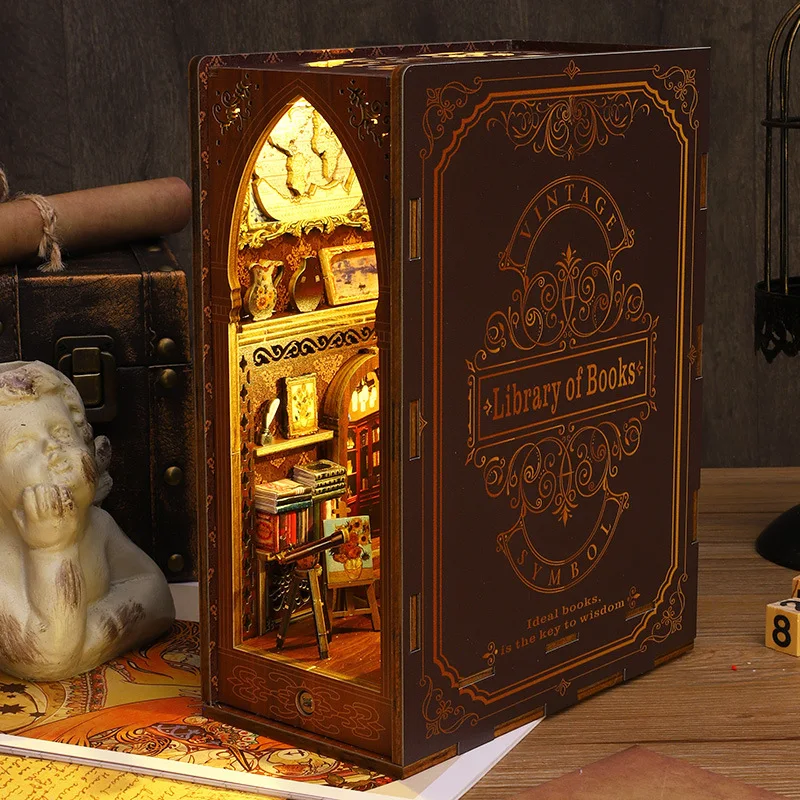 DIY hut library, hand-assembled wooden three-dimensional book model toy creative gift