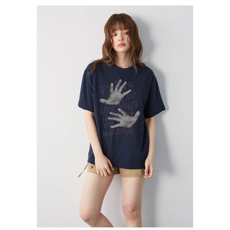 FUNNY GUY American Retro T-shirt Women's Short Sleeve Summer Palm Letter Printed Cotton Loose Trendy High Street Design Top