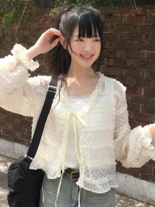 

Sweet Young Korean Sle Lace irt Jaet Women's V-ne Tie Waist ort Design Long Sve Trendy Top for Spring